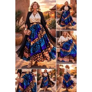 ASHRO Size 2X Blue, Purple, Gold and Green Lined Sheer Skirt Gypsy Boho Chic